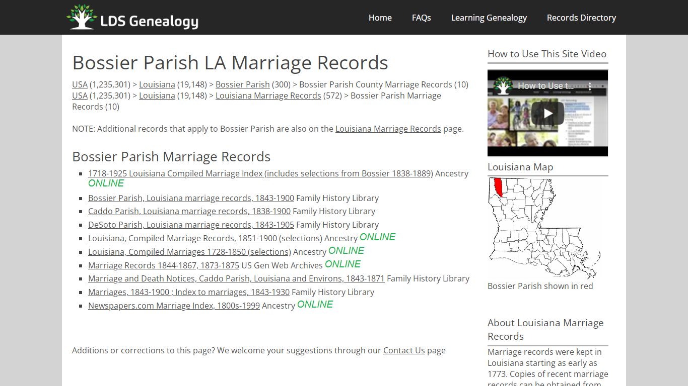 Bossier Parish LA Marriage Records - LDS Genealogy